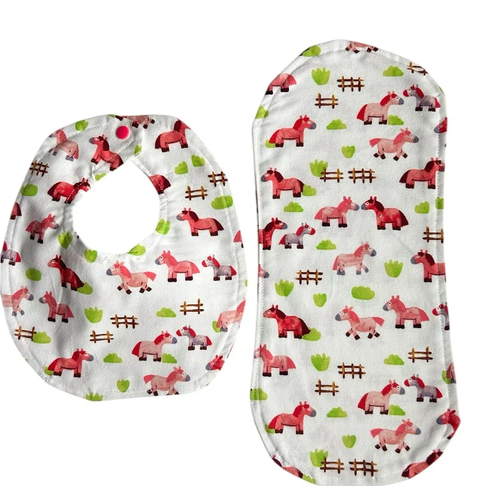 Hand Crafted Newborn Baby Bib and Burp Cloth Gift Set Pink Pony Print